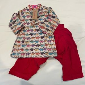 NWT Little Muffet Elephant Print Kurta And Red Patiala Pant Size 6-12 Months